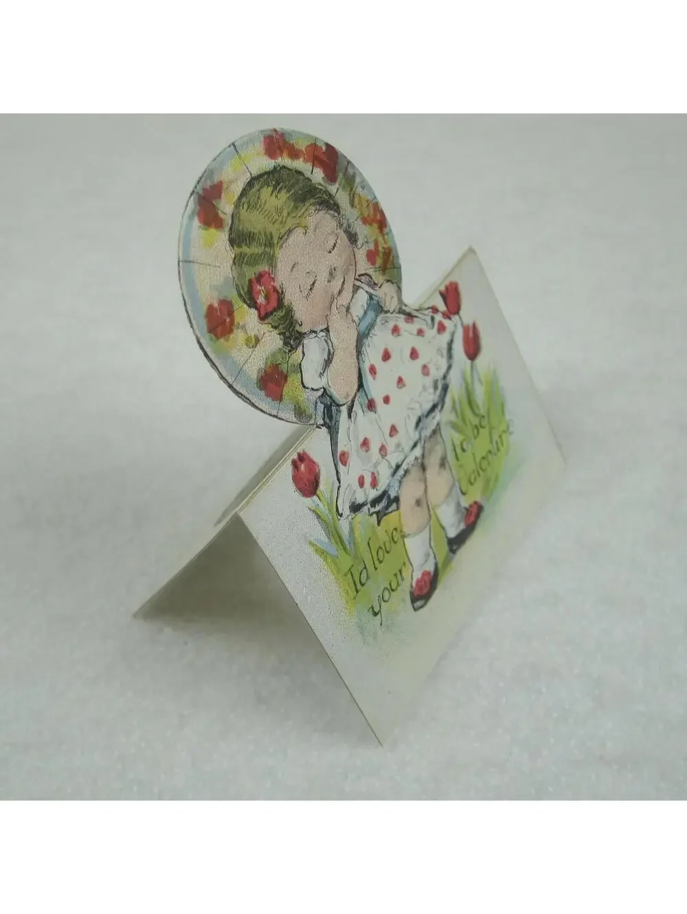 Vintage Valentine Cutout Card Stand Up Blonde Girl Parasol Red 1920-30s UNSIGNED